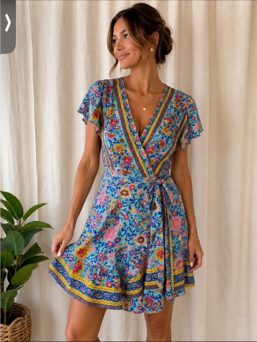 Boho Floral Wrap Mini Dress 100% Cotton Size M Blue Pink Yellow Cottagecore